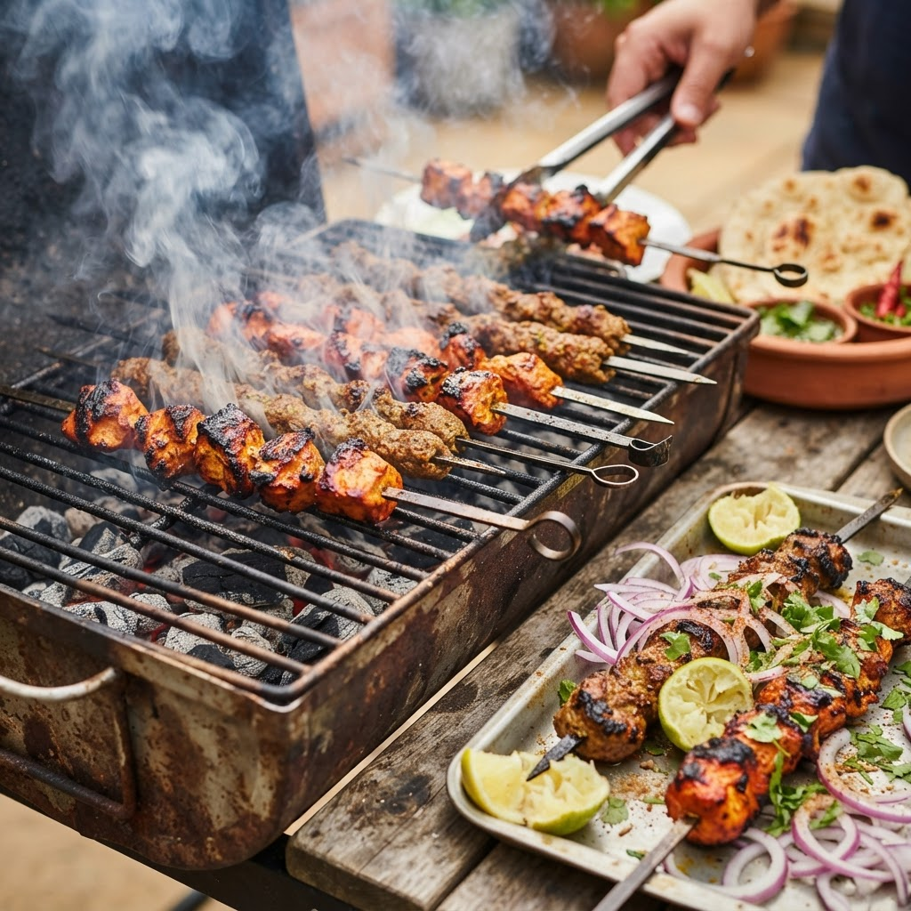 Grilled chicken tikka and seekh kabab skewers