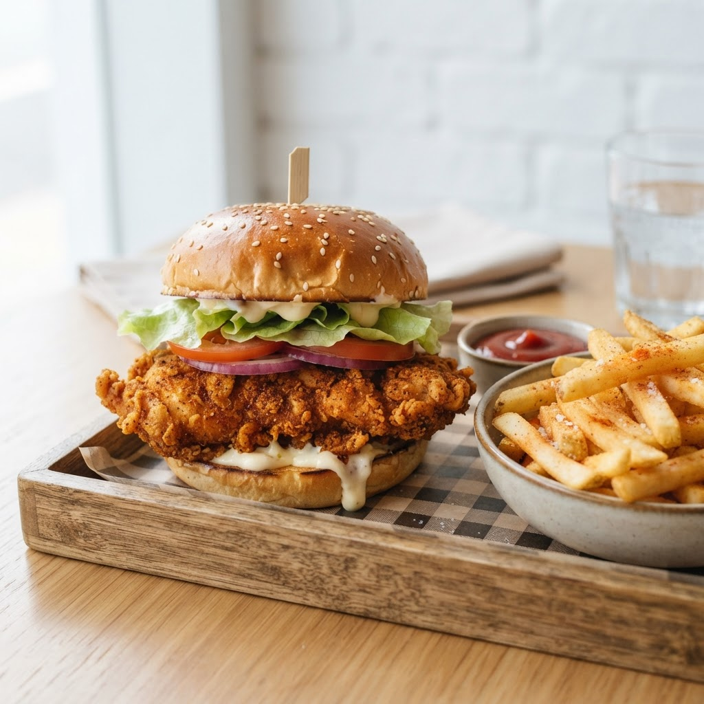 Crispy zinger chicken burger with fries