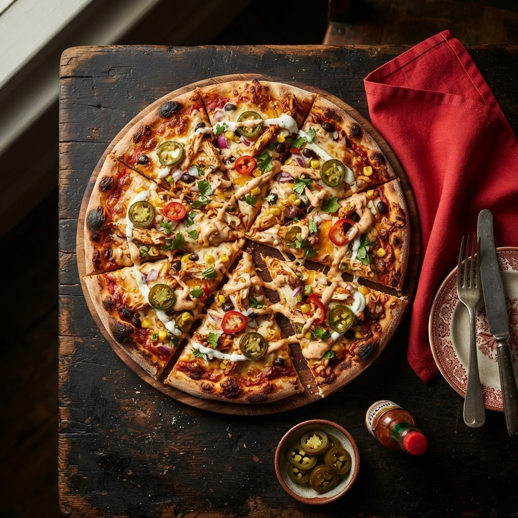 Loaded 7T9 Mex pizza with melted cheese, jalapenos and chicken