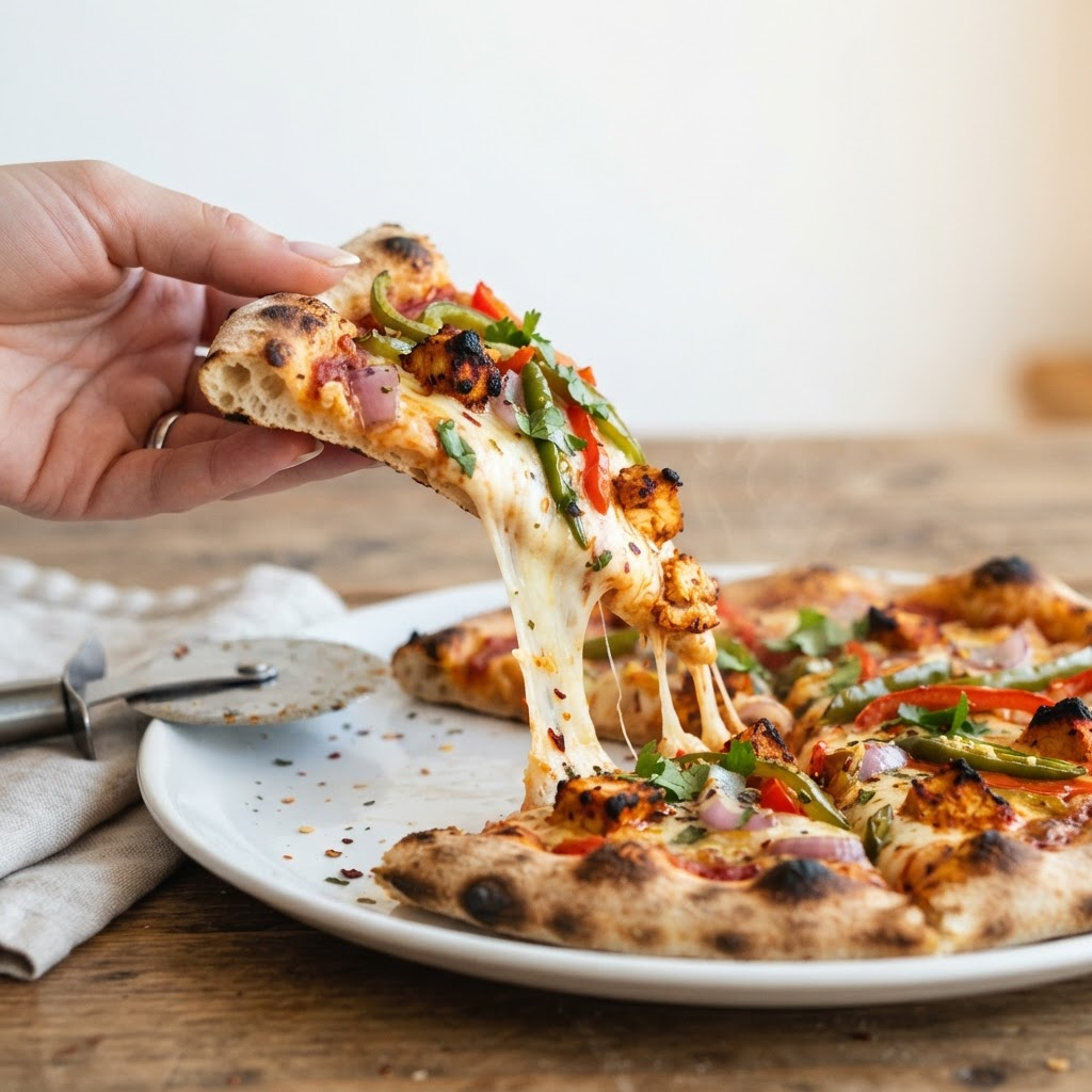 Chicken tikka pizza slice with a cheese pull