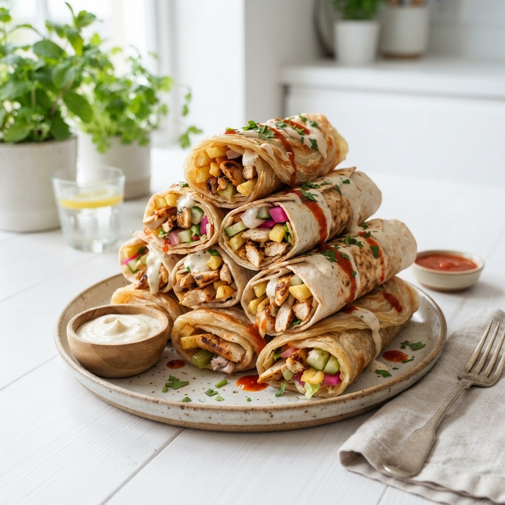 Chicken shawarma and paratha rolls with sauce